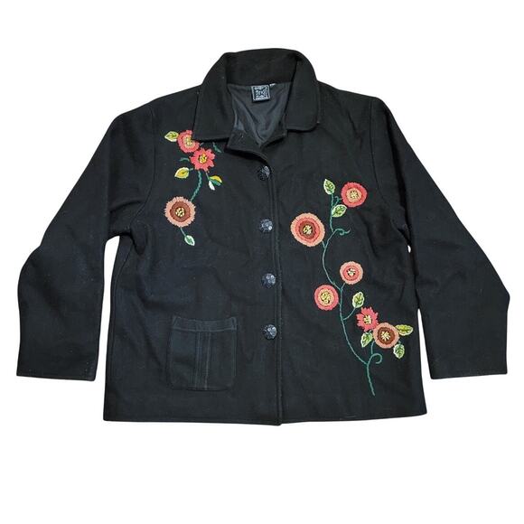 Vintage Fresh Groove Embroidered Floral 100% Wool Jacket Black Womens Petite XL - Picture 1 of 8